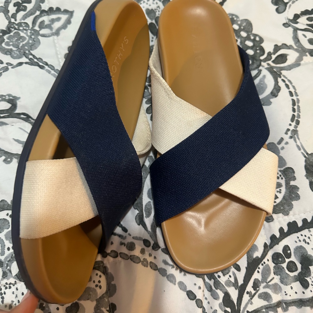 Rothy's Navy and Cream Crossband Slide Sandals - Picture 2 of 5